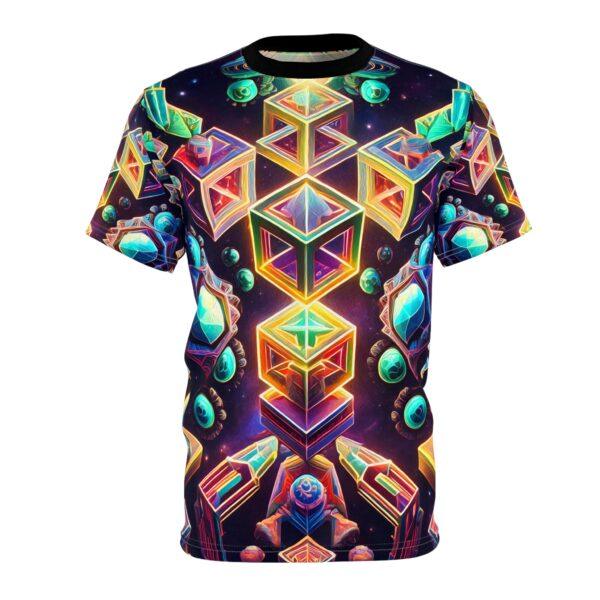 Trippy Psychedelic Geometric Fractal (v1) Unisex Cut & Sew Tee - Colorful Cosmic Design for Festivals and Raves