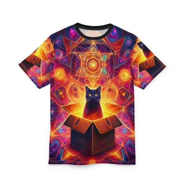 Cosmic Cat in a Box Unisex Cut & Sew Tee - Vibrant Design for Cat Lovers and Festivals - Image 2