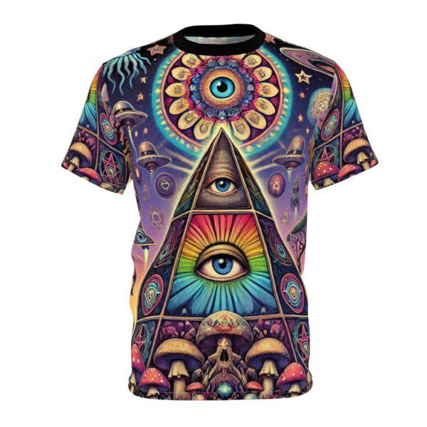 Cosmic Harmony - Unisex Cut & Sew Tee - Psychedelic Pyramid Eye Design for Festivals - Image 5