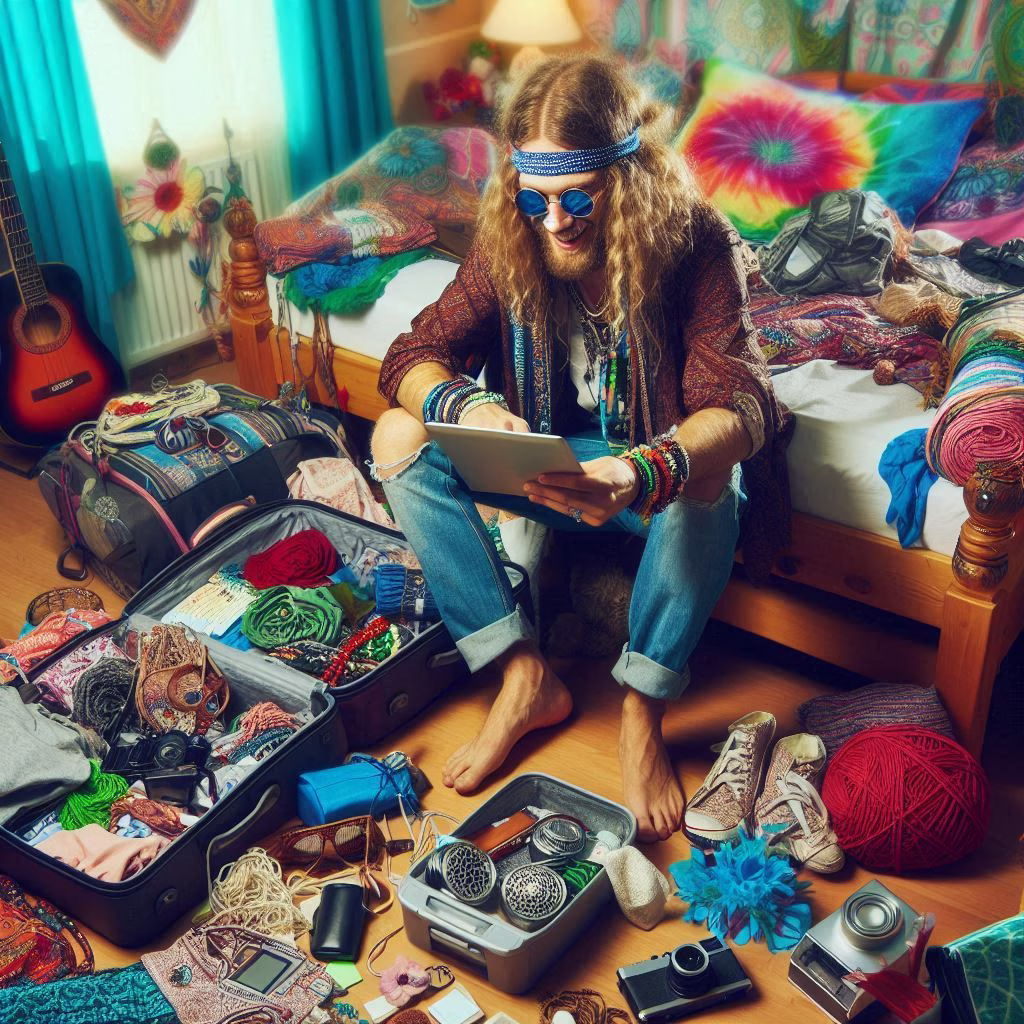 a hippy in a messy room packing for a music festival while looking at a tablet; music festival packing list