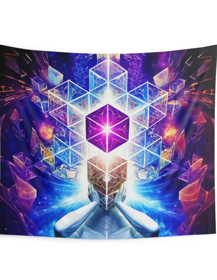 Cosmic Geometry Embracing the Universe of Vibrant Cubes and Celestial Patterns – Wall Tapestry