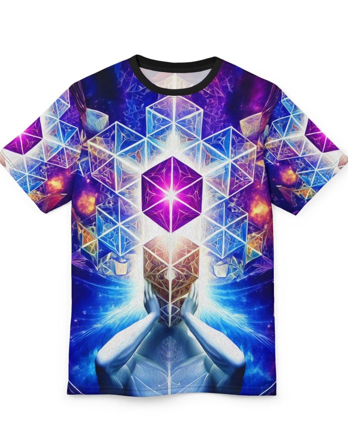 In Another Realm – Unisex Cut & Sew Tee – Cosmic Spiritual Silhouette Vibrant Geometric Design for Festivals and Shows