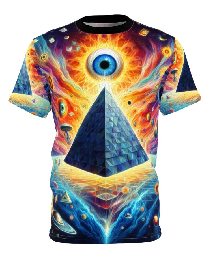 Psychedelic Trippy All-Seeing Eye with Pyramid Unisex Tee – Vibrant Graphic T-Shirt for Festivals and Raves