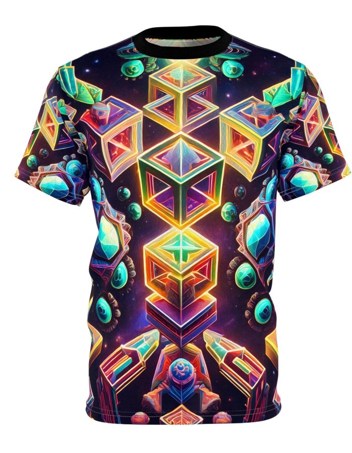 Trippy Psychedelic Geometric Fractal (v1) Unisex Cut & Sew Tee – Colorful Cosmic Design for Festivals and Raves